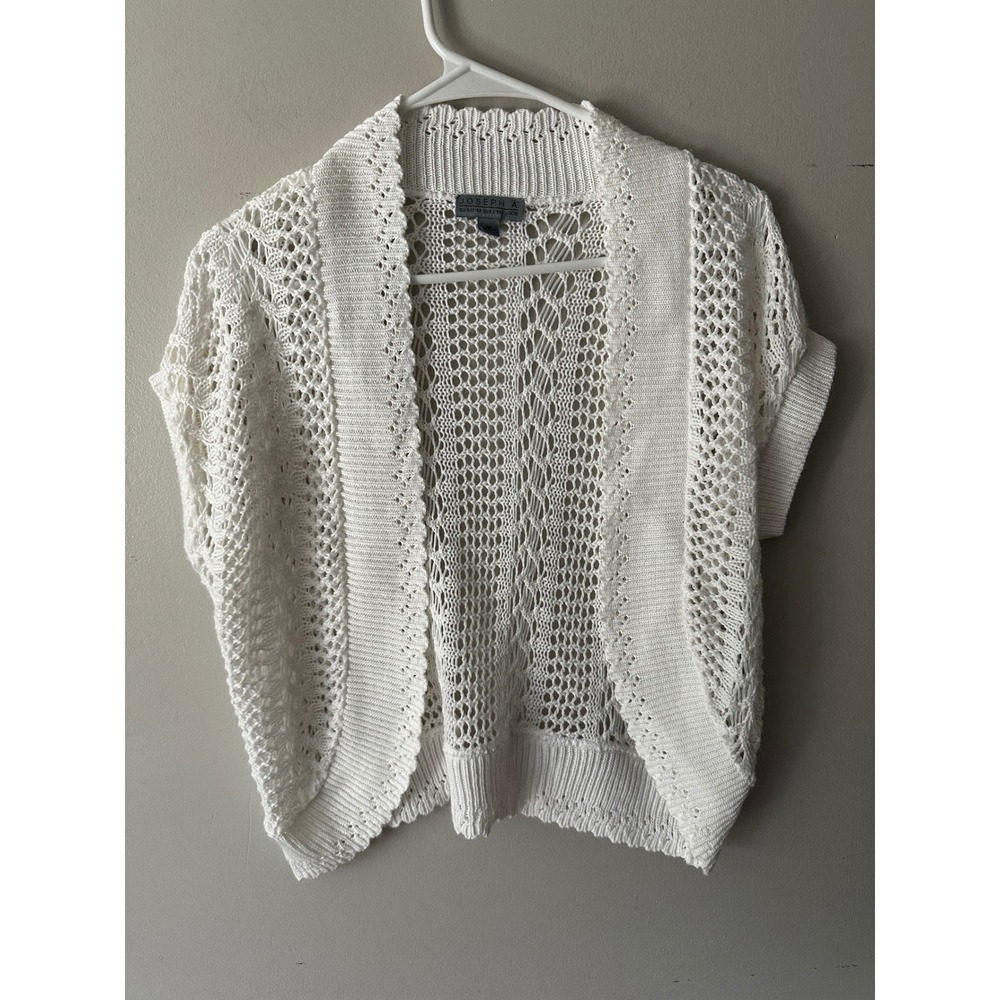 Joseph A Womens White Open Knit Crochet Short Sleeve Cardigan Shrug Sweater M